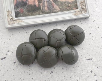 Vintage NOS Gray Genuine-Leather Buttons, ≈23mm .90" - 6 Dark Grey Real Natural Leather Woven Domed Buttons w/ Metal Loop Shanks BB077