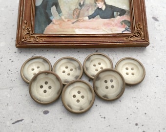 Bronze Wrapped Buttons, 21mm 3/4 inch - Creme Beige Marbled w/ Brown Bowl Shape Sewing Buttons w/ Metal Rims - 7 VTG NOS Faux-Natural BB423