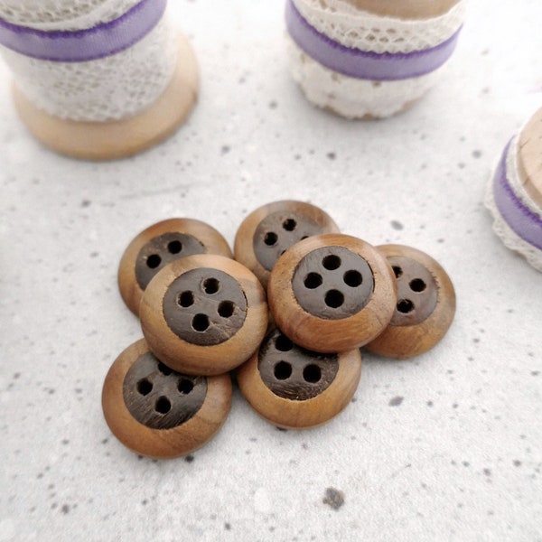 Two-Tone Wooden Buttons, 18mm .71 in - Chunky Rounded Sewing Buttons w/ Two Brown Hardwoods - 7 VTG NOS Natural material Wood Buttons BB358