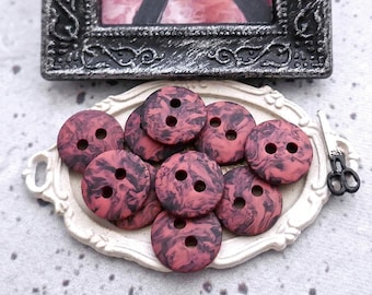 Swirled Pink and Black Buttons, ≈12mm 1/2 inch - Little Faux-Marble Matte Posy-Pink Buttons - 10 Vtg NOS Small Rag-Rolled Sew-Throughs BB973
