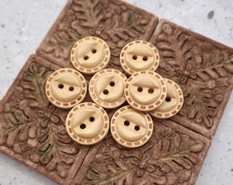 Little Wooden Buttons, 15mm 5/8 inch - Small Blond Wood Sew-Through Buttons w/ Stitch Design - 8 VTG NOS Natural Material Light Wood BB472
