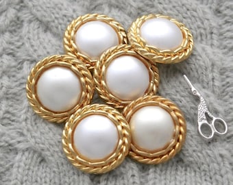 Braided Faux-Pearl Buttons in Gold Metal, ≈15mm 5/8", 18mm .71" - Modern Silvery Gray-White Imitation Pearl Metal Buttons, Vtg NOS BB1151