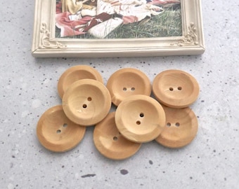 Concave Wood Buttons, 25mm 1 inch - Wood Turned Cross-Cut Grain Sew-Through Buttons - 8 VTG NOS Natural Material Blond Wooden Buttons BB478