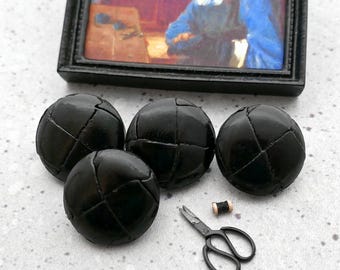 Black Woven Leather Shanks, ≈24mm .94" - Natural Genuine Traditional Black-Leather Coat Buttons, Vtg NOS Real Leather-Buttons in Black BB876