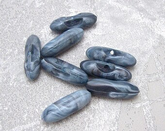 Faux-Marble Toggle Buttons, ≈27mm 1.06" - Swirled Oblong Blue Gray White Cigar-Shape Toggles - 6 VTG NOS Marbled Blue Faux-Natural BB581