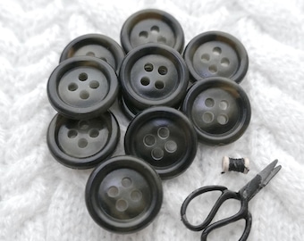 Faux-Horn Black Sew-Throughs - CHOOSE ≈14mm .55", ≈19mm 3/4" - Classic 4-Hole Swirled Black to Semi-Translucent Gray Buttons, Vtg NOS BB1056