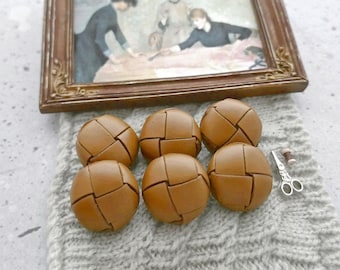 Vintage NOS Golden Brown Real-Leather Shank-Buttons, ≈21mm 7/8 inch - 6 Real Genuine Leather Woven Sewing-Buttons in Curry Yellow BB659