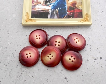 Faux-Horn Red Buttons, 27mm 1.06 inch - Swirled Yellow on Red Modern Horn Imitation Coat Buttons - 6 VTG NOS Faux-Natural Sew-Throughs BB502