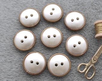 Faux-Pearl Sew-Throughs, ≈18mm .71" - Silvered Gray White 2-Hole Buttons w/ Ant. Gold Rims - 8 Vtg NOS Faux-Natural Plastic Buttons BB1002