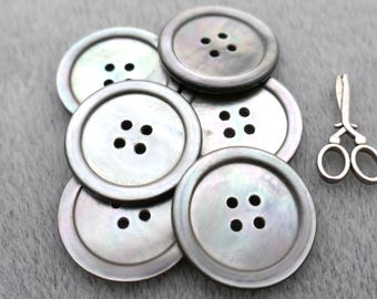 Medium Gray MOP Buttons, 28mm 1-1/8" - Naturally Iridescent Smoke Grey Mother-of-Pearl Buttons, Vtg NOS Handmade 4-Hole Shell Buttons BB1079