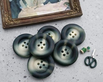 Green Faux-Horn Sew-Throughs, ≈28mm 1-1/8" - Dark Moss-Green Marbled White Sewing-Buttons - Vtg NOS Satin-Green Imitation-Horn Buttons BB671