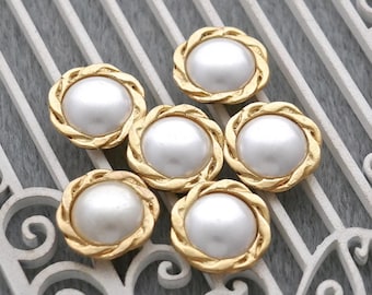 Faux-Pearl Buttons Set in Gold Metal, ≈17mm .67" - Small Silvered Gray-White Imitation Pearl Buttons w/ Carved Gold Rims, 6 Vtg NOS BB1152