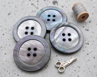 Wildly Iridescent Smoke-Gray MOP Buttons, 25mm 1 in. - Naturally Iridescent Grey Mother-of-Pearl Shell Sewing-Buttons - 4 Vintage NOS BB1156