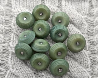Small Vintage NOS Pesto Green Corozo Buttons, ≈12mm ≈13mm 1/2" - Little Carved Rim Dyed Natural Vegetable Ivory Tagua Pin/Stud Shanks BB935