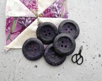 Speckled Purple Buttons, 26mm 1.02 inch - Deep Semi-Translucent Violet Faux-Stone Coat Buttons - 5 VTG NOS Faux-Natural Sew-Throughs BB501