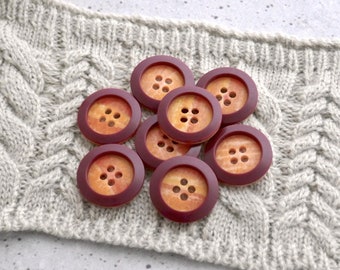 Ring-Around Faux-Marble Buttons, 22mm 7/8 in - Marbled Bright Orange Sew-Throughs w/ Maroon Brown Rims - 8 VTG NOS Modern Faux-Natural BB780