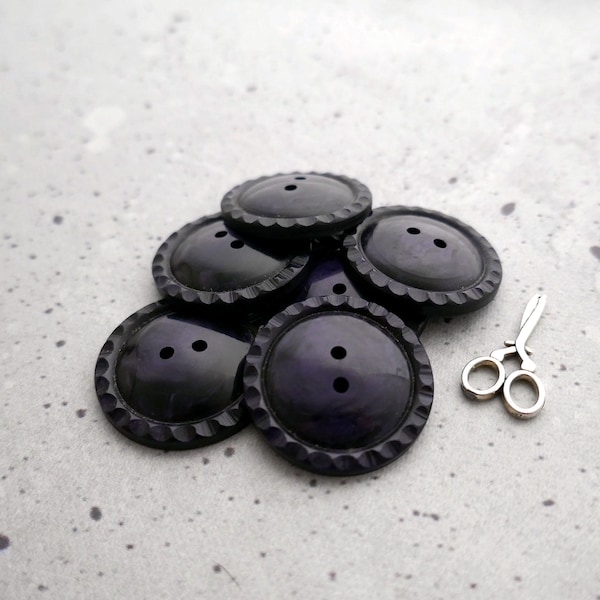 Dark Indigo Buttons, 30mm 1.18 inch - Rag-Rolled Faux-Marble Night Violet Sew-Throughs w/ Carved Rims - 6 VTG NOS Faux-Natural Marbled BB621