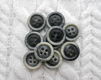 Black Buttons w/ Cream Glaze, 15mm 5/8 inch - Glossy Black Sew-Throughs w/ Pastel Yellow Wash - 10 VTG NOS Faux-Natural Modern Buttons BB652