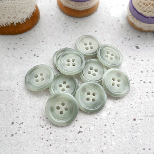 Marbled Green Buttons, 19mm 3/4 inch - Pale Moss Agate Green Mottled Sewing Buttons - VTG NOS Faux-Marble Green Sew-Throughs BB442