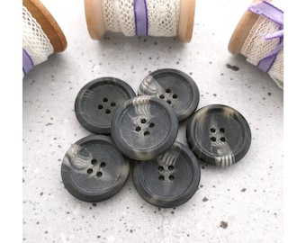 Charcoal Faux-Marble Buttons, 28mm 1-1/8 in - Marbled Black & Gray Trumpet Faux-Natural Buttons w/ Swirled Translucent Beige, VTG NOS BB391