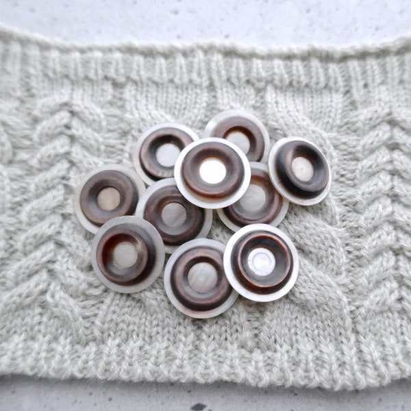 Two-Tone Shell Buttons, 18mm .71 inch - Ringed Brown MOP Layered on Grey Mother of Pearl Shanks - 10 Handmade VTG NOS Natural Material BB519