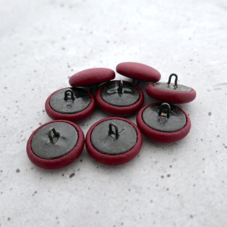Red Fauxleather Buttons, 20mm .78 Inch Deep Red Vinyl Covered Metal Coat Shank Buttons 8 VTG
