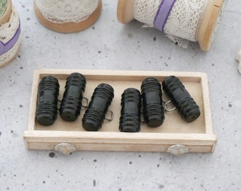 Black Wooden Vintage NOS Toggle-Closures, ≈22mm 7/8 inch - 6 Carved Natural Solid-Wood Barrel Shank Toggle Buttons in Semi-Gloss Black BB047