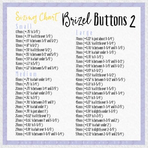 Puede incluir: Una tabla de tallas para Brizel Buttons 2, con medidas en mil&iacute;metros y pulgadas. La tabla se divide en tallas Peque&ntilde;a, Mediana y Grande, con las medidas correspondientes para cada talla.