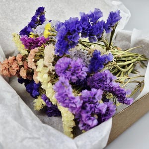 May include: A vibrant bouquet of dried flowers in a brown cardboard box lined with white tissue paper. The flowers are a mix of purple, blue, yellow, and peach hues, creating a colourful and natural arrangement.
