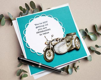 Motorbike And Side Car Birthday Cards | Motorbike and Side Car | Cards For Dad | Handmade Greetings Cards | Handmade Cards | Blue Card