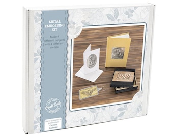 May include: A white box kit for metal embossing, labelled "METAL EMBOSSING KIT". The kit contains materials to create four projects using four different metals. Examples shown include a card, a book, a keychain, and a small box.