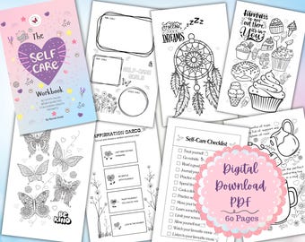 Puede incluir: Un libro de trabajo imprimible en blanco y negro con 60 páginas de actividades de autocuidado, que incluyen páginas para colorear, búsquedas de palabras, listas de verificación y afirmaciones. La portada presenta un corazón rosa con las palabras "The Self Care Workbook" en blanco.