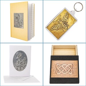 metal embossing starter kit laid out with aluminium, copper, gold foil, and pewter sheets, wooden box, A6 notebook, card and envelope, key fob, embossing tools, paints, tracing paper, and instruction booklet, Flat lay of a metal embossing craft kit including pre-cut aluminium, copper, gold foil, and pewter sheets, a small wooden box, A6 notebook, greeting card with envelope, plastic key ring, embossing tool, foam brush, sandpaper, tracing paper, adhesive sheet, and full-colour instructions