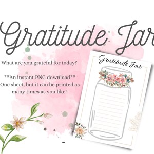 Op de afbeelding: Een printbare dankbaarheids pot met een bloemenontwerp. De pot is grijs omlijnd en heeft een bloemenkrans bovenaan. De tekst "Gratitude Jar" staat bovenaan de pagina.
