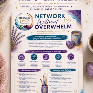 May include: A digital guide titled Network Without The Overwhelm for disabled, neurodivergent, and chronically ill small business owners. The document features purple and blue watercolor accents, icons, text sections, and a Beyond Limits logo.