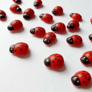 May include: A collection of red and black ladybug-shaped decorations. The ladybugs have black spots and white accents on their wings.