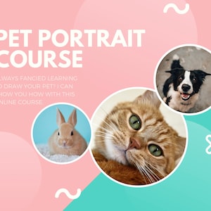 May include: A pink and blue graphic with the text "PET PORTRAIT COURSE" in white. The text "ALWAYS FANCIED LEARNING TO DRAW YOUR PET? I CAN SHOW YOU HOW WITH THIS ONLINE COURSE." is also in white. The graphic features three circles with images of a cat, a dog, and a rabbit.