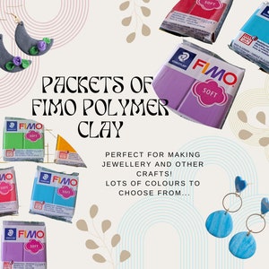 May include: An assortment of FIMO Soft polymer clay in a range of colours, including red, green, blue, purple, and pink. The clay is packaged in small, rectangular boxes with the FIMO logo and the word "Soft". The image also features two pairs of earrings made with polymer clay.