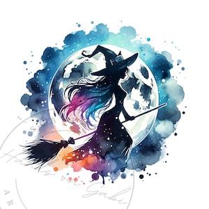Imágenes prediseñadas de bruja caprichosa, diseño de sublimación de luna celestial de acuarela, archivo de descarga digital gótico, clip art de Halloween brujo de moda png