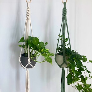 May include: Two macrame plant hangers, one white and one green, with hanging plants in pots.