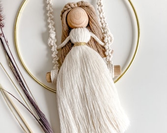 Macrame Doll on Swing: Boho Nursery Decor, Guardian Angel Gift