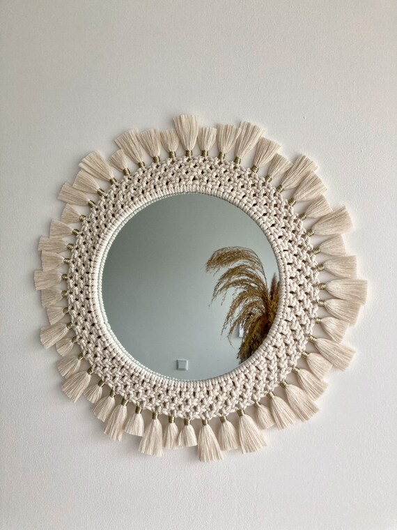 Macrame Bohemian Mirror with tassels, Boho chic wall hanging mirror