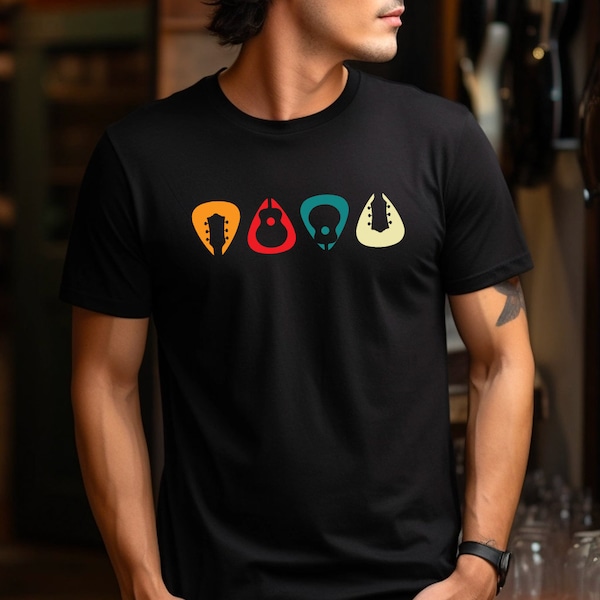 Retro Guitar Picks T-shirt - Mens Funny Guitarist Electric Acoustic Bass Mens Boys Dad Classic Birthday Christmas Gift Top