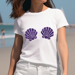 Ladies Purple Mermaid Shells Glitter T-shirt - Womens Girls Little Mermaid Gift Top Birthday Christmas Gift Top