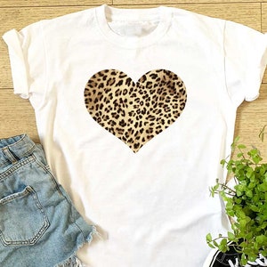 Ladies Leopard Print Heart T-shirt - Womens Girls Super Cute Gift Top Birthday Christmas Gift Top