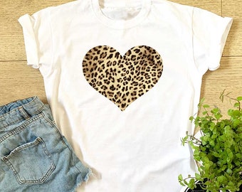 Ladies Leopard Print Heart T-shirt - Womens Girls Super Cute Gift Top Birthday Christmas Gift Top