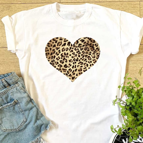 Ladies Leopard Print Heart T-shirt - Womens Girls Super Cute Gift Top Birthday Christmas Gift Top