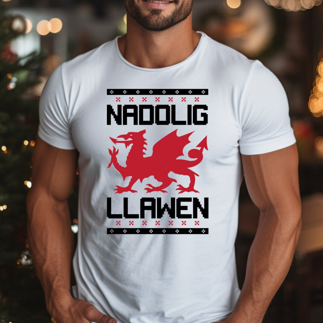Nadolig Llawen Welsh Dragon T-shirt Mens Christmas Gift Top Boys