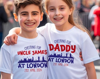 Kids Cheering For Daddy Dad Uncle Custom Name At London 2024 T Shirt Hoodie Boys Girls Niece Son Running Runner Marathon Half Run Gift Top