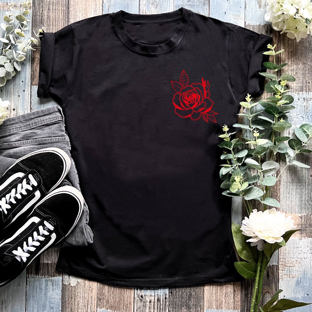 black t shirt with red roses